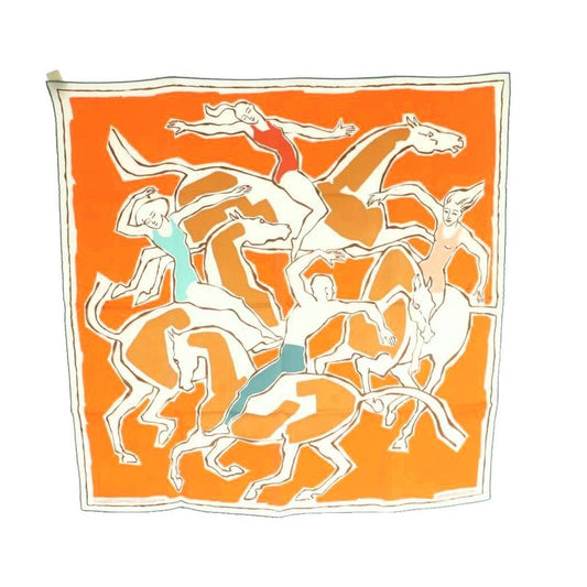 Hermes KARE 70 Chore Graphie Equestre Silk Scarf Multicolor Orange White SS • OS
