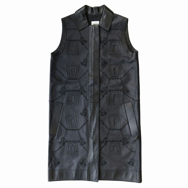 Hermes Lambskin Leather Long Vest Gilet Cut And Sew Sleeveless Embroidery