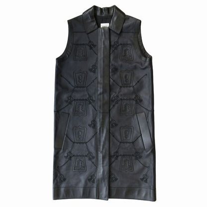 Hermes Lambskin Leather Long Vest Gilet Cut And Sew Sleeveless Embroidery