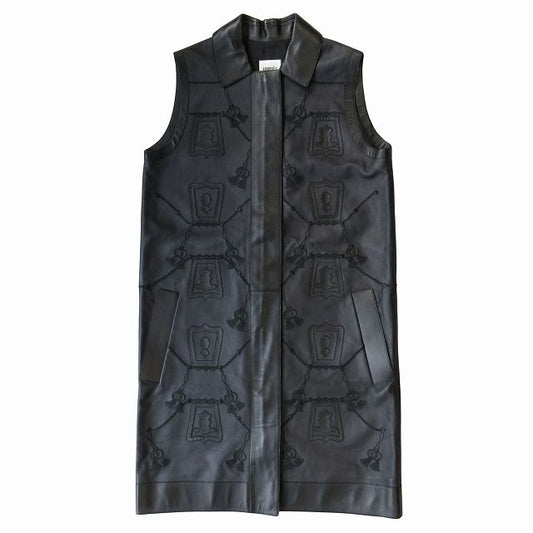 Hermes Lambskin Leather Long Vest Gilet Cut And Sew Sleeveless Embroidery