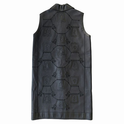 Hermes Lambskin Leather Long Vest Gilet Cut And Sew Sleeveless Embroidery