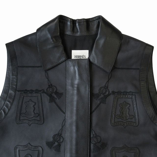 Hermes Lambskin Leather Long Vest Gilet Cut And Sew Sleeveless Embroidery