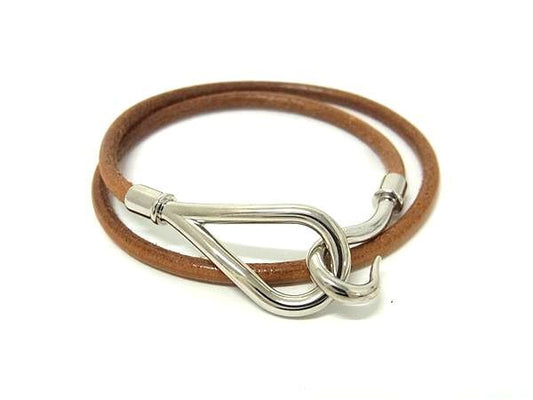 Hermes Bracelet Choker Jumbo Brown Leather Ladies 2 Row Double Tour Silver