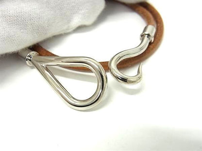 Hermes Bracelet Choker Jumbo Brown Leather Ladies 2 Row Double Tour Silver