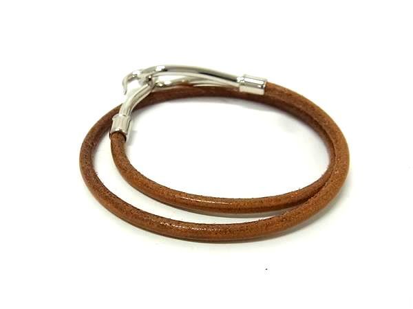 Hermes Bracelet Choker Jumbo Brown Leather Ladies 2 Row Double Tour Silver