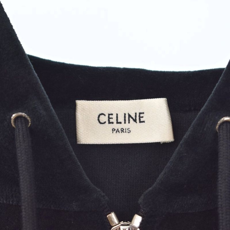 Celine Triomphe Velor Zip Up Parka Hoodie XL Black 2y143679i