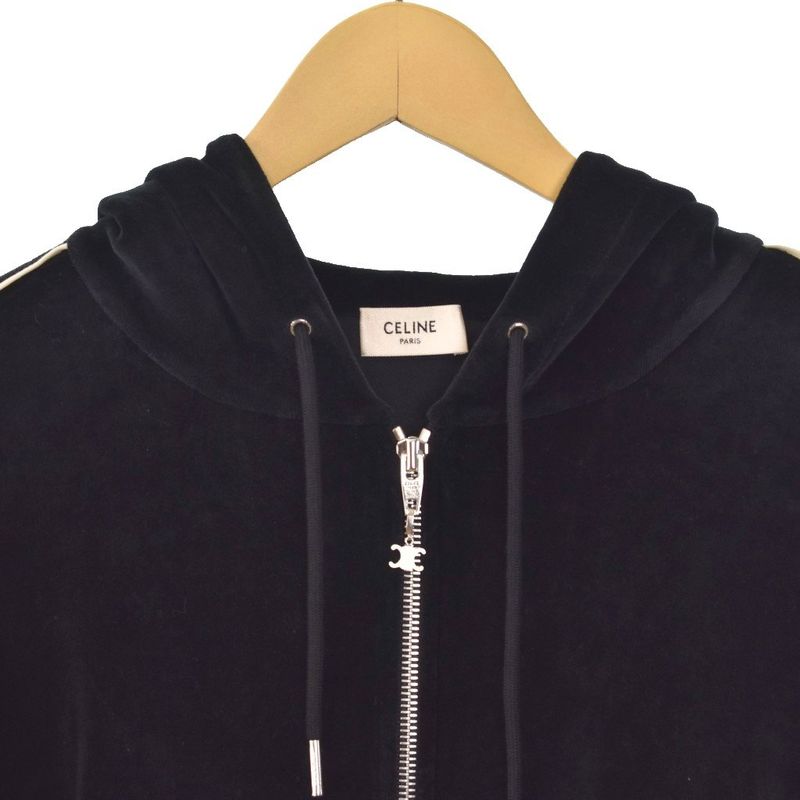 Celine Triomphe Velor Zip Up Parka Hoodie XL Black 2y143679i