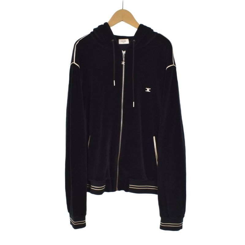 Celine Triomphe Velor Zip Up Parka Hoodie XL Black 2y143679i