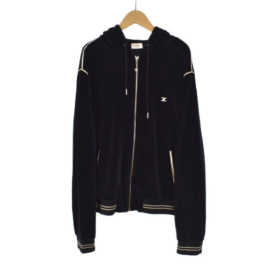 Celine Triomphe Velor Zip Up Parka Hoodie XL Black 2y143679i