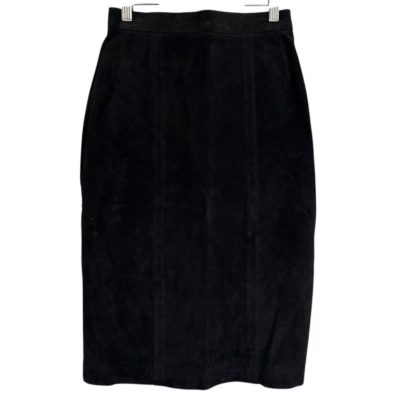 Chanel Vintage Clover Button Knee Length Suede Leather Skirt 38 Black Ladies