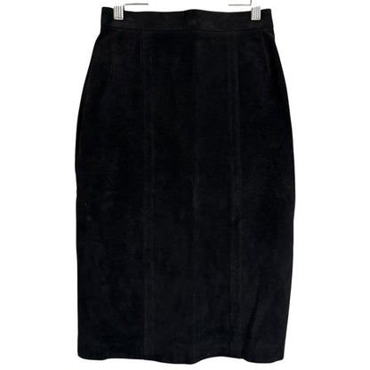 Chanel Vintage Clover Button Knee Length Suede Leather Skirt 38 Black Ladies