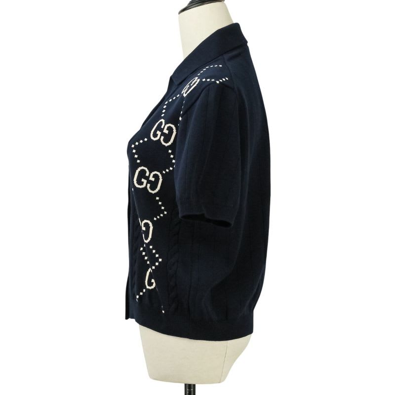 Gucci GG Intarsia Short Sleeve Knit Cardigan Size S Navy Ladies 25SS