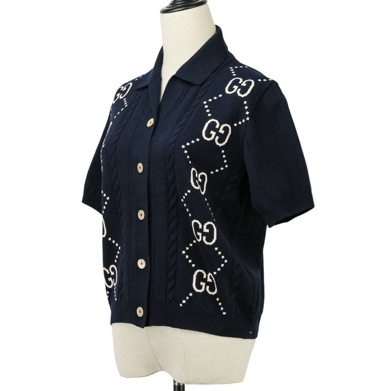 Gucci GG Intarsia Short Sleeve Knit Cardigan Size S Navy Ladies 25SS