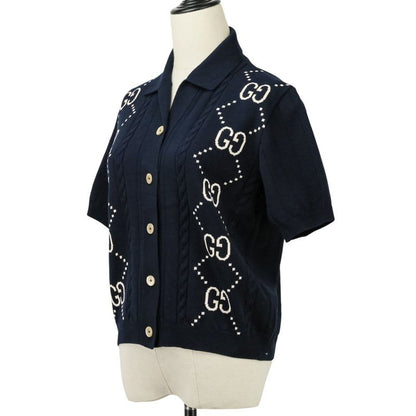 Gucci GG Intarsia Short Sleeve Knit Cardigan Size S Navy Ladies 25SS