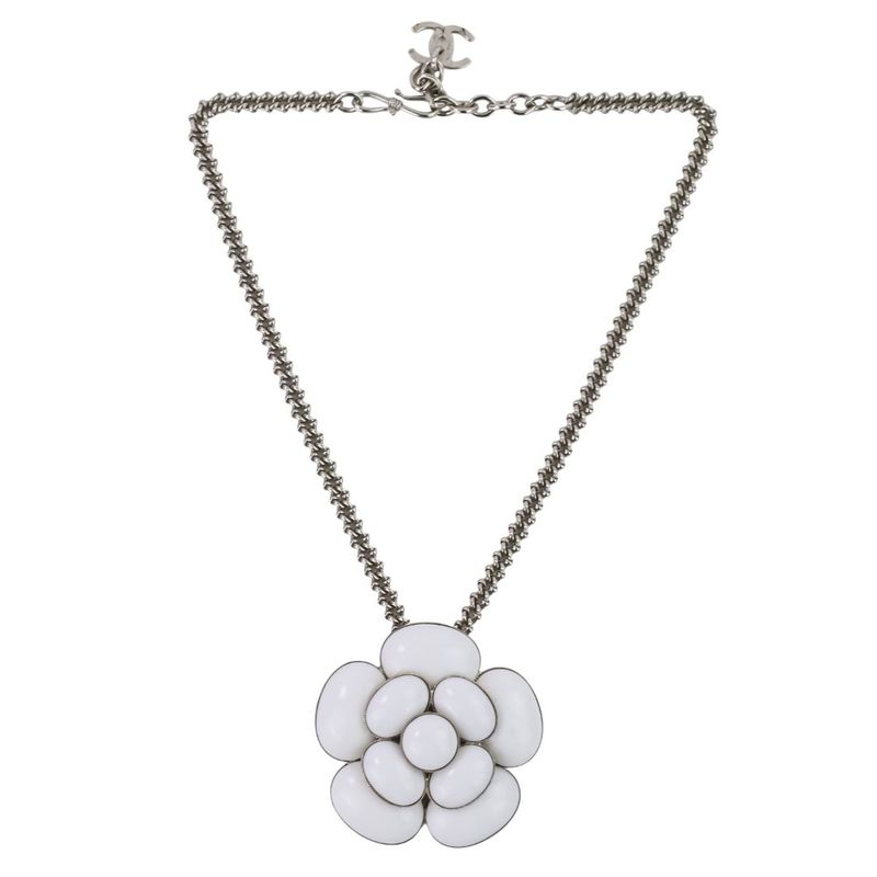 98C Chanel Camellia Coco Mark Necklace White Color Stone X Silver Color