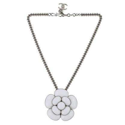 98C Chanel Camellia Coco Mark Necklace White Color Stone X Silver Color