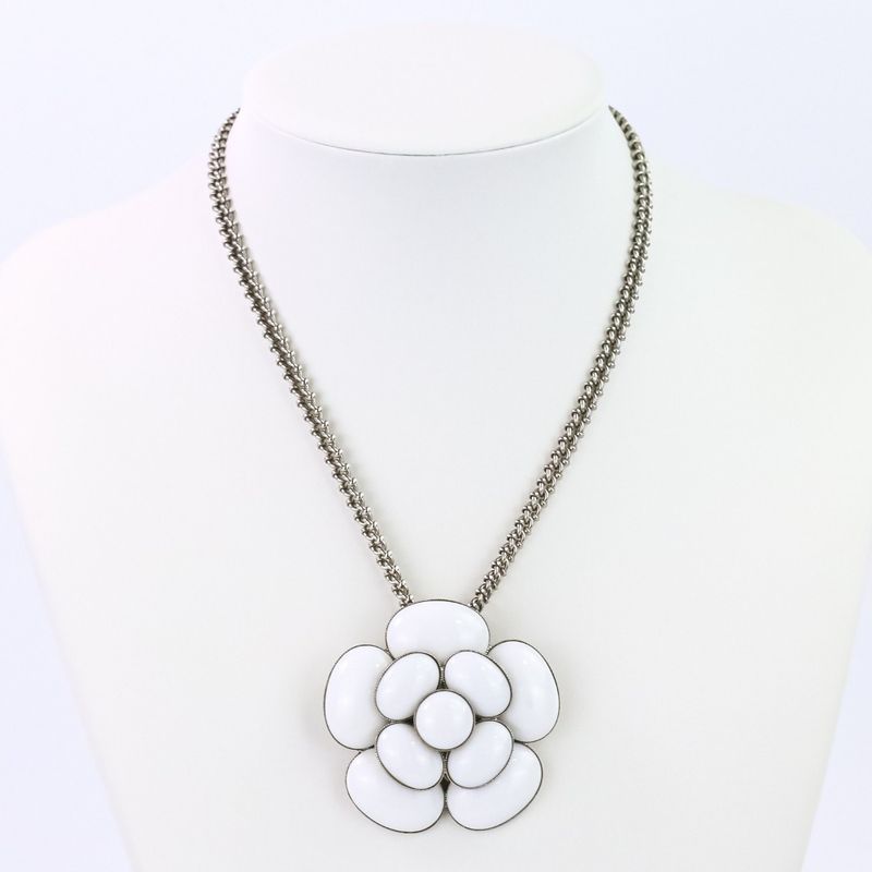 98C Chanel Camellia Coco Mark Necklace White Color Stone X Silver Color