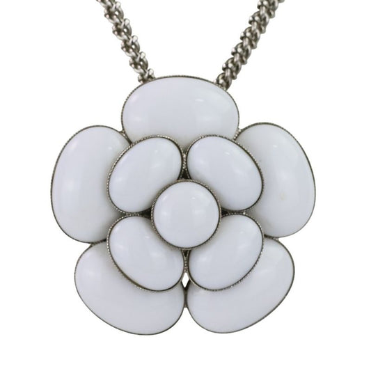 98C Chanel Camellia Coco Mark Necklace White Color Stone X Silver Color