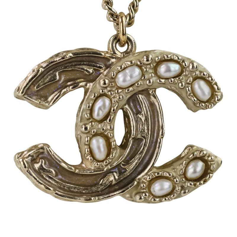 P Chanel 2WAY Reversible Coco Mark Pearl Decoration Necklace Gold Color Ladies