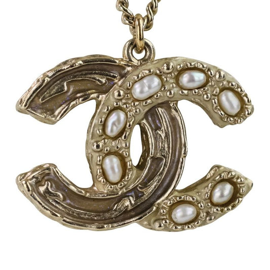 P Chanel 2WAY Reversible Coco Mark Pearl Decoration Necklace Gold Color Ladies