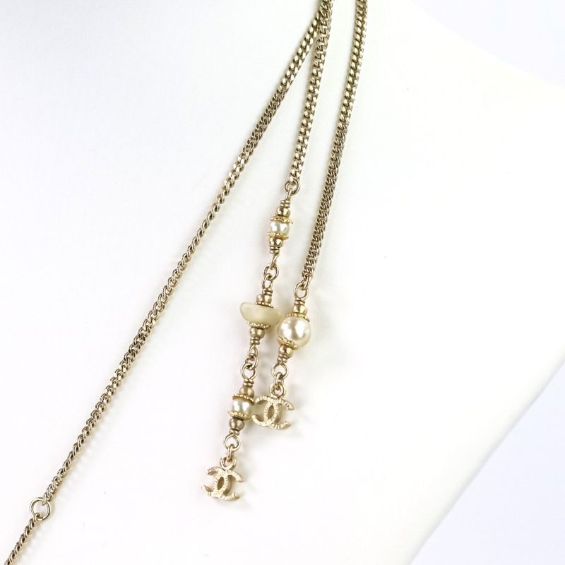 P Chanel 2WAY Reversible Coco Mark Pearl Decoration Necklace Gold Color Ladies
