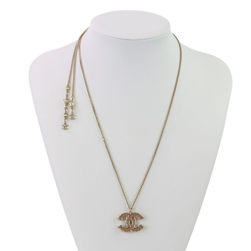 P Chanel 2WAY Reversible Coco Mark Pearl Decoration Necklace Gold Color Ladies