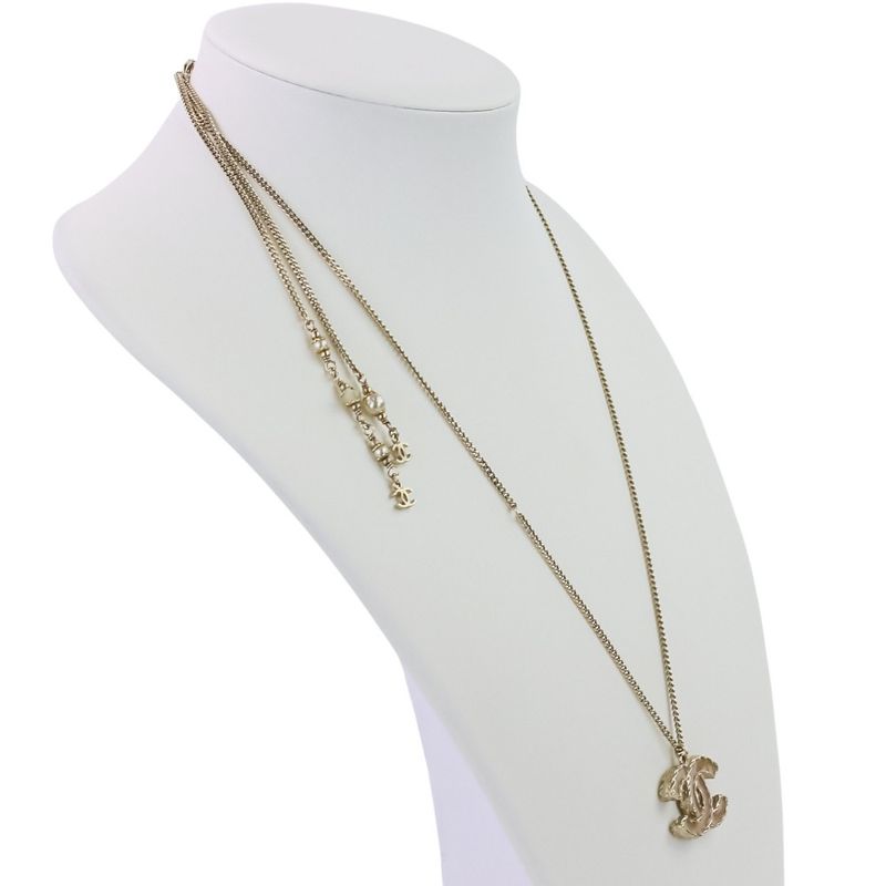 P Chanel 2WAY Reversible Coco Mark Pearl Decoration Necklace Gold Color Ladies