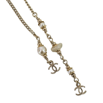P Chanel 2WAY Reversible Coco Mark Pearl Decoration Necklace Gold Color Ladies