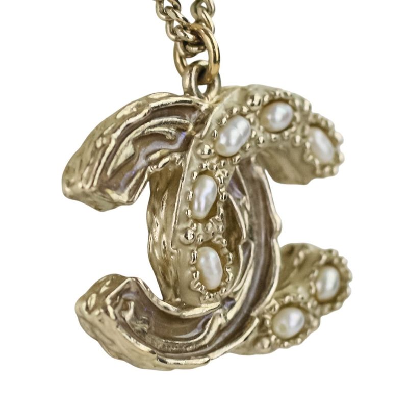 P Chanel 2WAY Reversible Coco Mark Pearl Decoration Necklace Gold Color Ladies