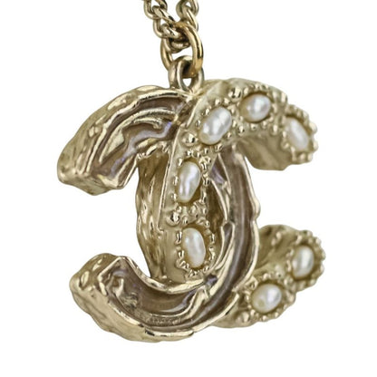 P Chanel 2WAY Reversible Coco Mark Pearl Decoration Necklace Gold Color Ladies