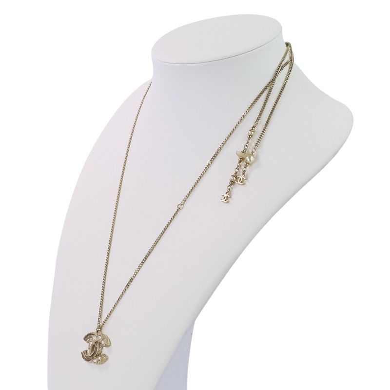 P Chanel 2WAY Reversible Coco Mark Pearl Decoration Necklace Gold Color Ladies