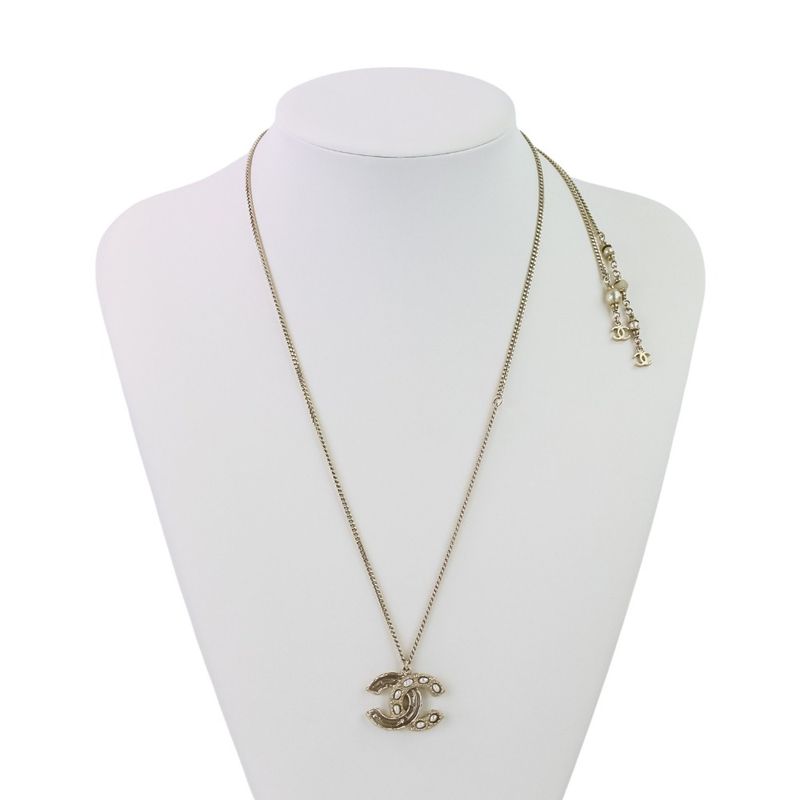P Chanel 2WAY Reversible Coco Mark Pearl Decoration Necklace Gold Color Ladies
