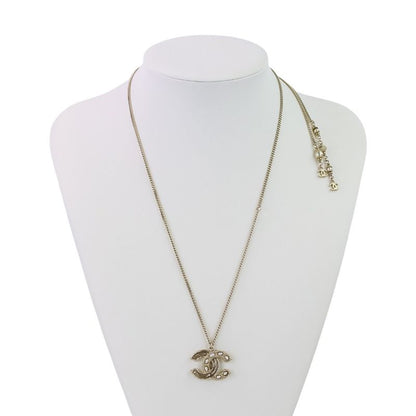 P Chanel 2WAY Reversible Coco Mark Pearl Decoration Necklace Gold Color Ladies
