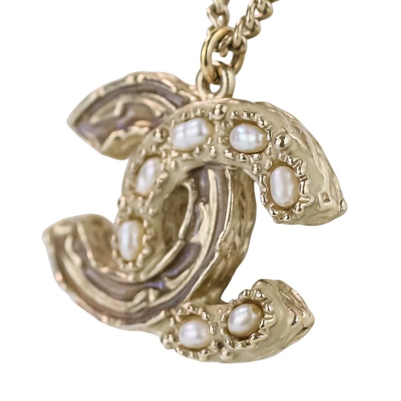 P Chanel 2WAY Reversible Coco Mark Pearl Decoration Necklace Gold Color Ladies