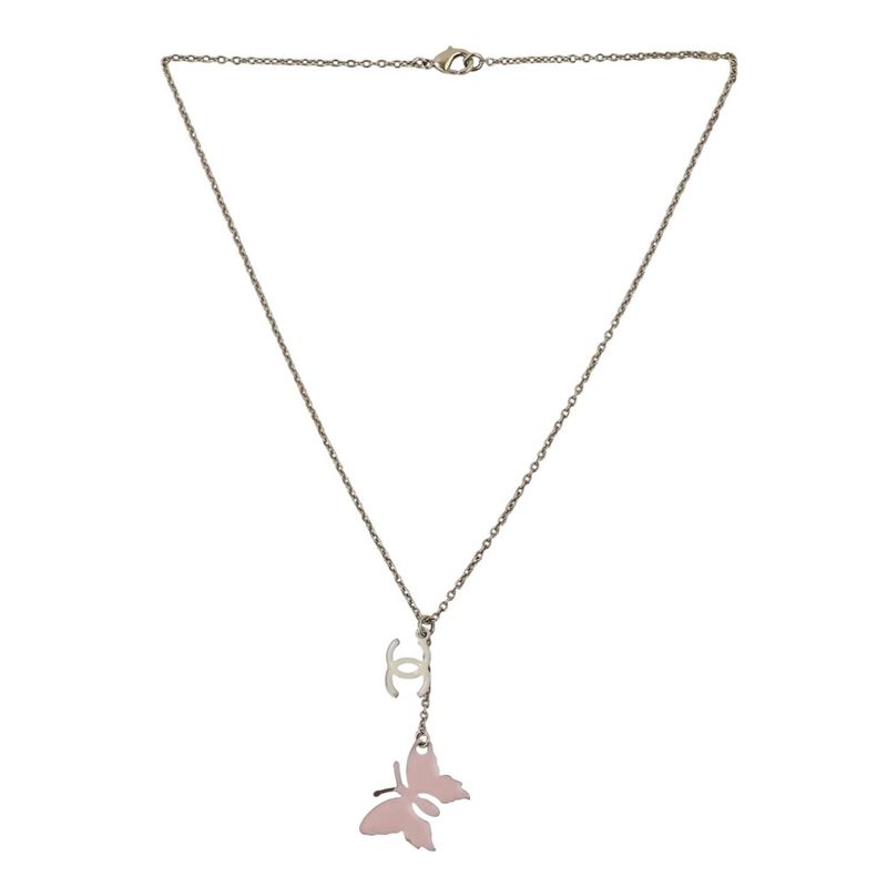 08P Chanel Coco Mark Butterfly Motif 2WAY Reversible Necklace Pink X Yellow