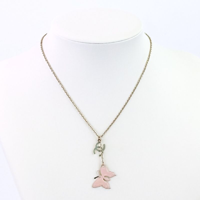 08P Chanel Coco Mark Butterfly Motif 2WAY Reversible Necklace Pink X Yellow
