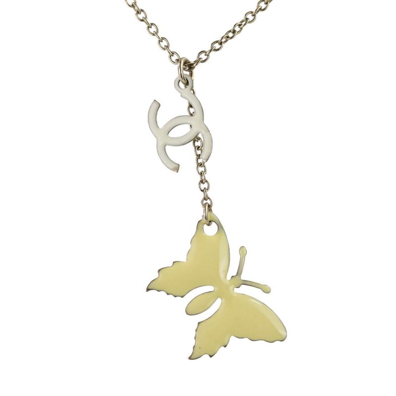 08P Chanel Coco Mark Butterfly Motif 2WAY Reversible Necklace Pink X Yellow