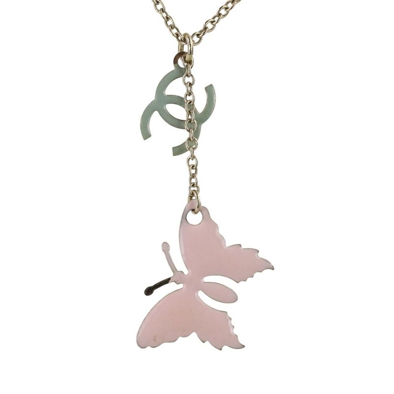 08P Chanel Coco Mark Butterfly Motif 2WAY Reversible Necklace Pink X Yellow