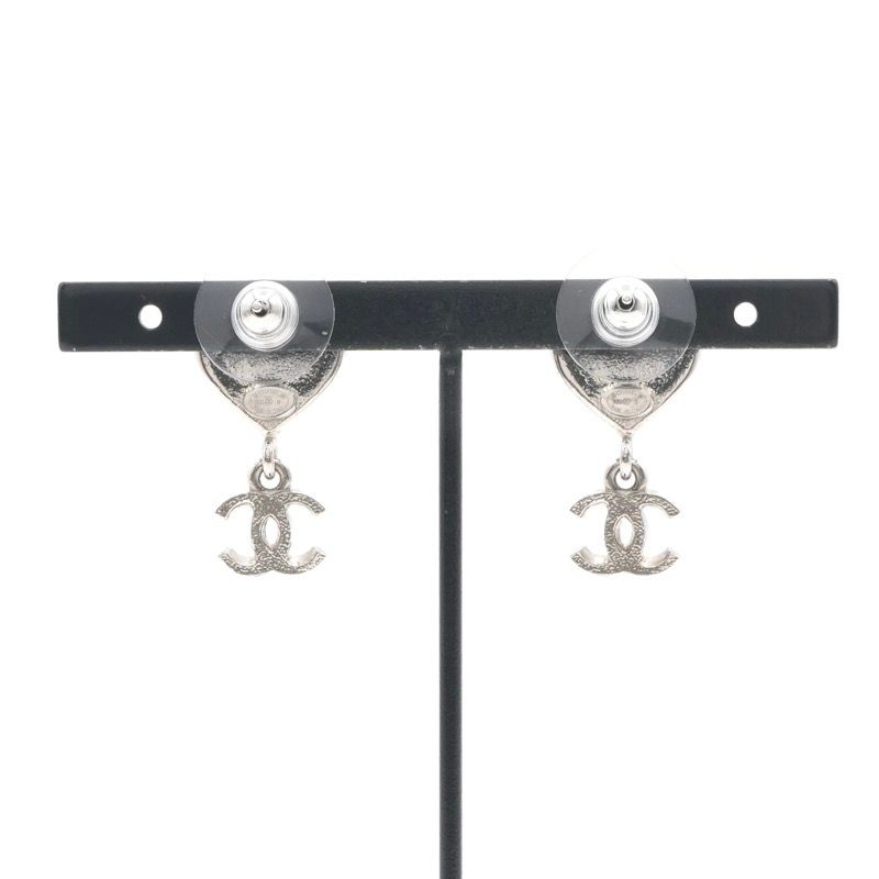 Chanel Earrings Earring Silver Coco Mark Heart Rhinestone