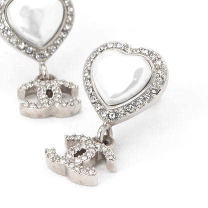 Chanel Earrings Earring Silver Coco Mark Heart Rhinestone