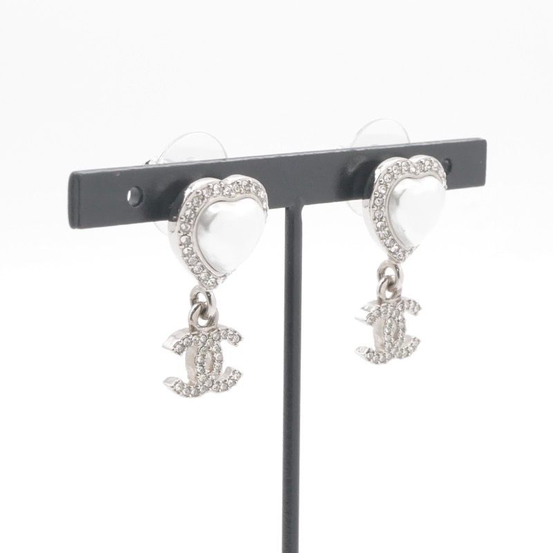 Chanel Earrings Earring Silver Coco Mark Heart Rhinestone