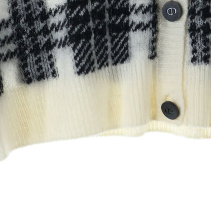 Christian Dior Mohair Cashmere Blend Plaid Knit Cardigan White Black Women's