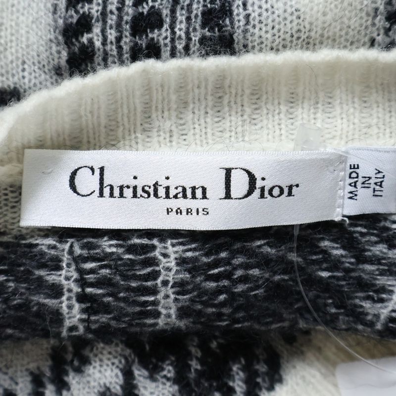 Christian Dior Mohair Cashmere Blend Plaid Knit Cardigan White Black Women's
