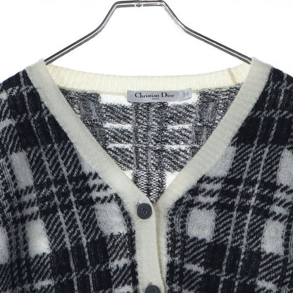 Christian Dior Mohair Cashmere Blend Plaid Knit Cardigan White Black Women's