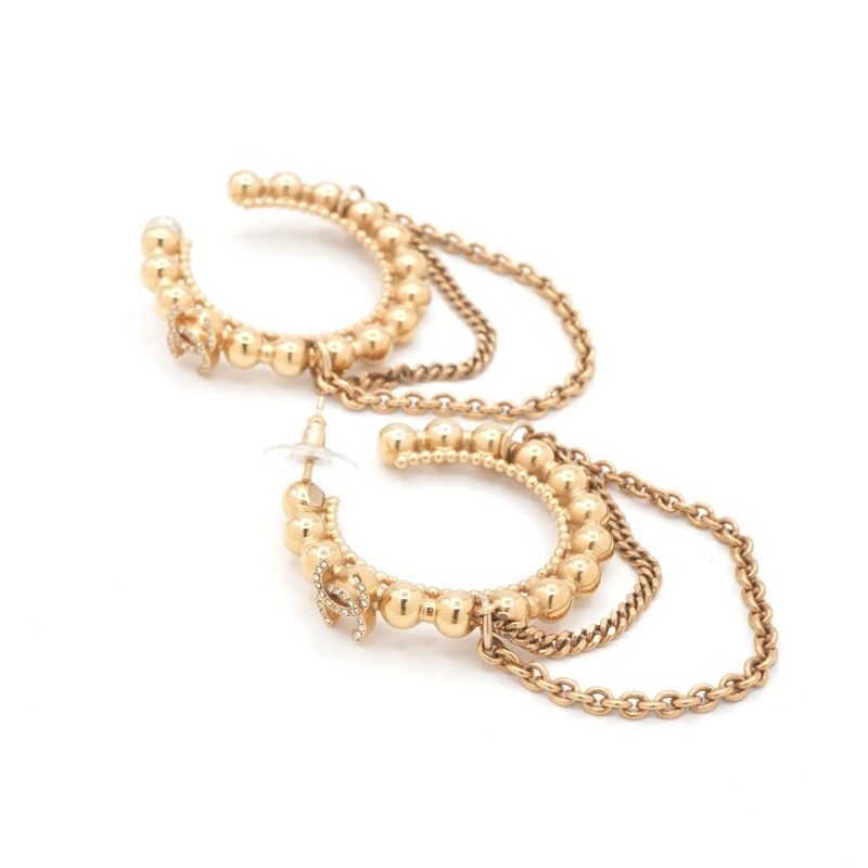 Chanel Earrings Earring Gold Hoop Coco Mark Rhinestone Chain