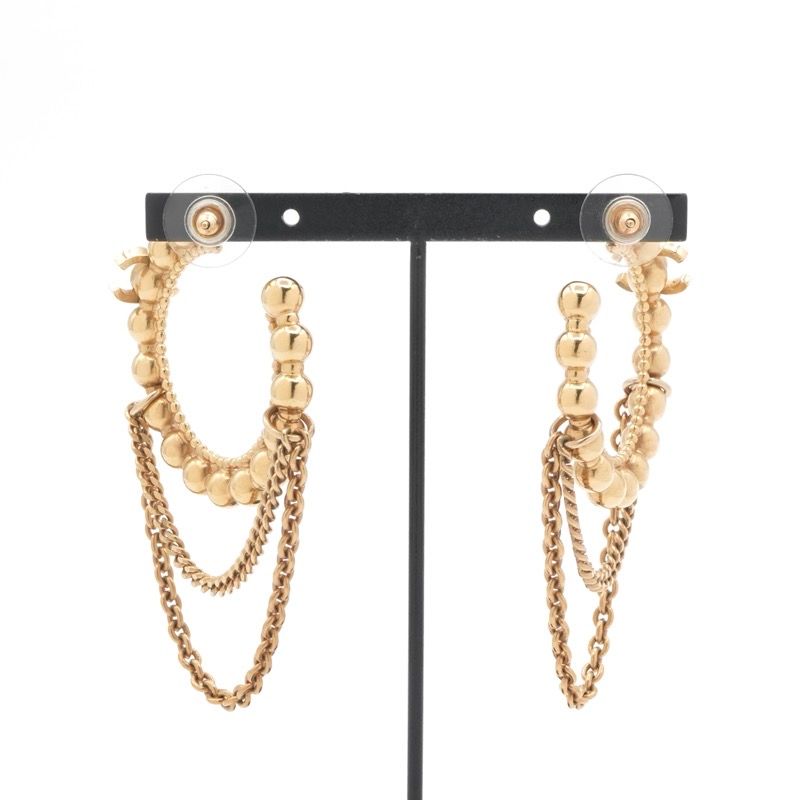 Chanel Earrings Earring Gold Hoop Coco Mark Rhinestone Chain