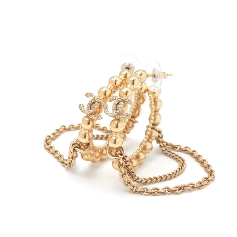 Chanel Earrings Earring Gold Hoop Coco Mark Rhinestone Chain