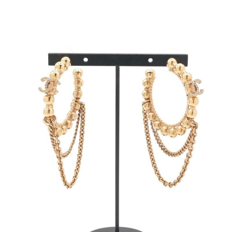 Chanel Earrings Earring Gold Hoop Coco Mark Rhinestone Chain