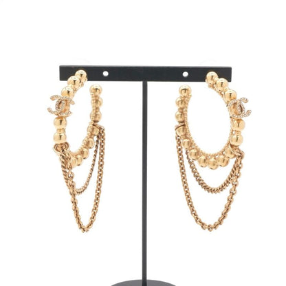 Chanel Earrings Earring Gold Hoop Coco Mark Rhinestone Chain
