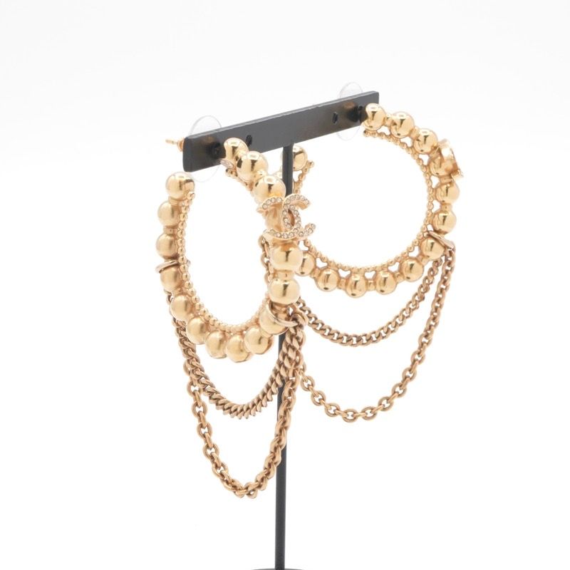 Chanel Earrings Earring Gold Hoop Coco Mark Rhinestone Chain